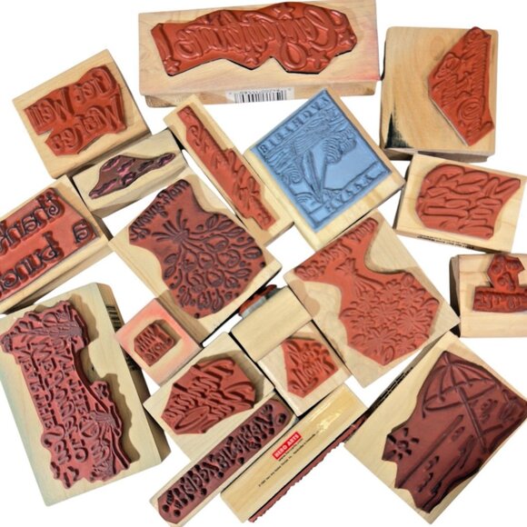 Lot of 19 Assorted Rubber Stamps Mixed Themes Wood Mounted Crafting Art Projects - Picture 2 of 8